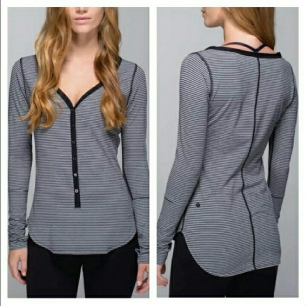 🍋 LULULEMON AWESOMA HENLEY STRIPED SHIRT BLACK/ GREY SZ 12